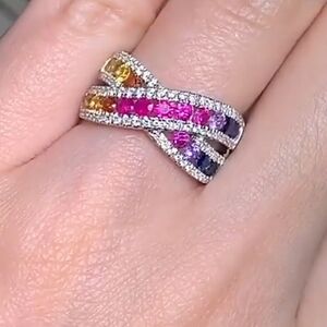 Colorful Sapphire Criss-Cross Sterling Silver Ring - Free Shipping